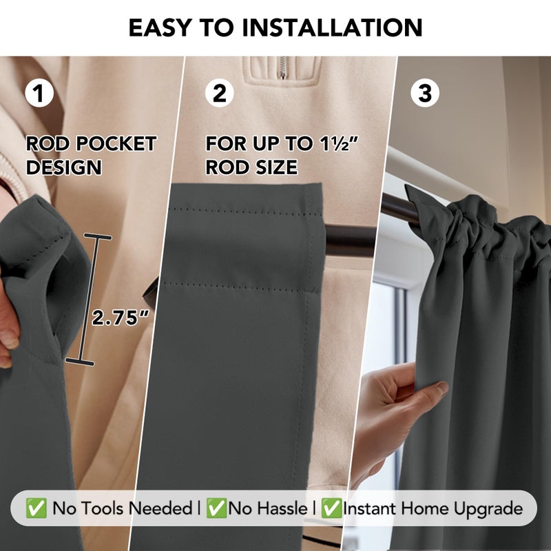Deconovo Blackout Curtains for Bedroom, Thermal Insulated Room Darkening Rod Pocket Window Drapes, Dark Gray, 42W x 63L Inch, Pack of 2 for Living Room & Nursery Privacy Panels - Image 3